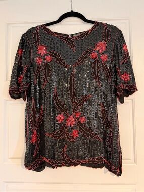 Vintage Silk Beaded Sequin Floral Top